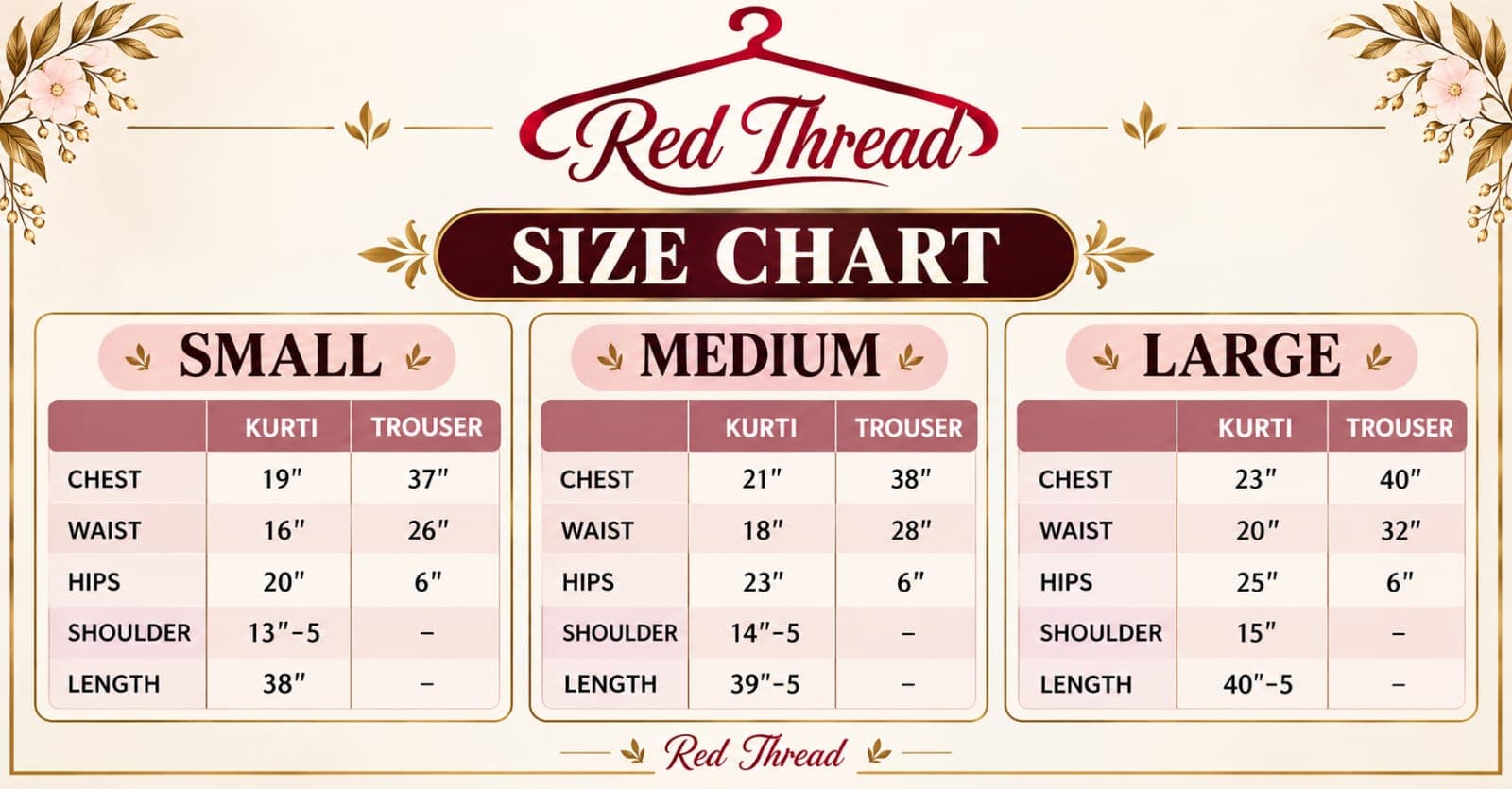 Red Thread size chart — Small, Medium, and Large measurements for kurti and trouser
